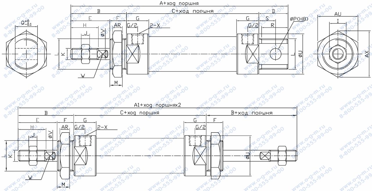 Чертёж пневмоцилиндра  DF 25x200