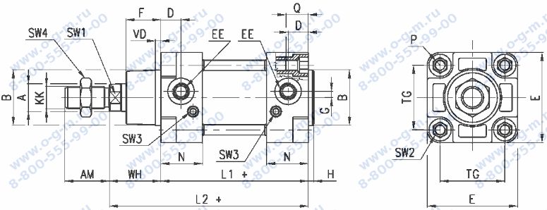  Чертеж пневмоцилиндра 40N3G-63-150-1022